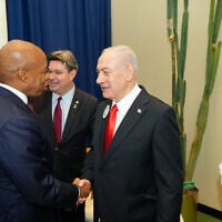 New York City Mayor Eric Adams meets Prime Minister Benjamin Netanyahu at the United Nations General Assembly, September 26, 2025. (Michael Appleton/Mayoral Photography Office)