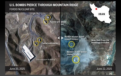 This graphic image compares Iran's Fordo nuclear facility before and after the United States bombed the site on June 22, 2025. (AP Graphic/Imagery by Maxar Technologies/Graphic by Phil Holm)