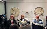 From left: Foreign Minister Gideon Sa'ar, Fijian Prime Minister  Sitiveni Rabuka and Prime Minister Benjamin Netanyahu at the opening of the Fijian embassy in Jerusalem on September 17, 2025 (Rafi Ben Hakoon/GPO)