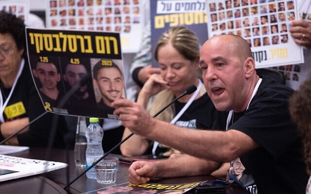 Ofir Braslavski, the father of hostage Rom Braslavski, who is held by Palestinian Islamic Jihad in Gaza, speaks at a Foreign Affairs and Defense Committee meeting at the Knesset in Jerusalem, September 3, 2025. (Yonatan Sindel/Flash90)