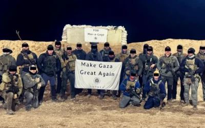Contractors for the Gaza Humanitarian Foundation pose with a banner reading "Make Gaza Great Again." (Facebook, used in accordance with Clause 27a of the Copyright Law)