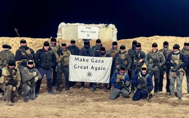 Contractors for the Gaza Humanitarian Foundation pose with a banner reading "Make Gaza Great Again." (Facebook, used in accordance with Clause 27a of the Copyright Law) Contractors for the Gaza Humanitarian Foundation pose with a banner reading "Make Gaza Great Again." (Facebook, used in accordance with Clause 27a of the Copyright Law)