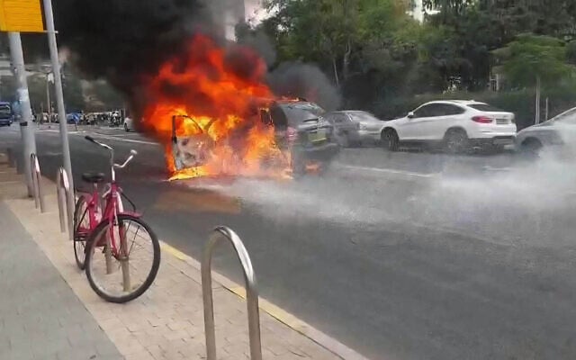 A car goes up in flames after exploding in south Tel Aviv on September 25, 2025. (Magen David Adom) A car goes up in flames after exploding in south Tel Aviv on September 25, 2025. (Magen David Adom)
