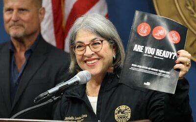 Miami-Dade County Mayor Daniella Levine Cava holds a press conference at the Emergency Operations Center on May 15, 2025 in Miami, Florida. (Joe Raedle/Getty Images via JTA)