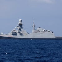 Italian frigate Alpino (F594) performs manuevers during the 'Noble Dina 23' multilateral aeronautical exercise in the Mediterranean sea on March 27, 2023. (JACK GUEZ / AFP)