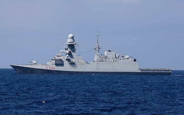 Italian frigate Alpino (F594) performs manuevers during the 'Noble Dina 23' multilateral aeronautical exercise in the Mediterranean sea on March 27, 2023. (JACK GUEZ / AFP)