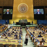 Iranian President Masoud Pezeshkian speaks during the 79th Session of the United Nations General Assembly at the United Nations headquarters in New York City on September 24, 2024. (Charly TRIBALLEAU / AFP)