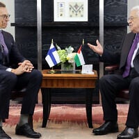 This handout picture provided by the Palestinian Authority's press office (PPO) shows PA President Mahmoud Abbas (R) meeting with Finland's President Alexander Stubb in New York City on September 24, 2024 on the sidelines of the 79th session of the United Nations General Assembly. (Thaer GHANAIM / PPO / AFP)