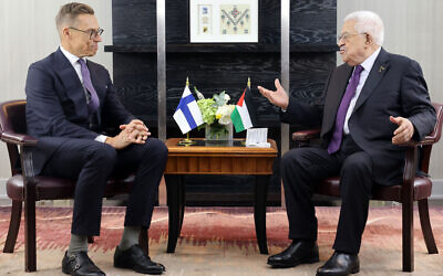 This handout picture provided by the Palestinian Authority's press office (PPO) shows PA President Mahmoud Abbas (R) meeting with Finland's President Alexander Stubb in New York City on September 24, 2024 on the sidelines of the 79th session of the United Nations General Assembly. (Thaer GHANAIM / PPO / AFP)