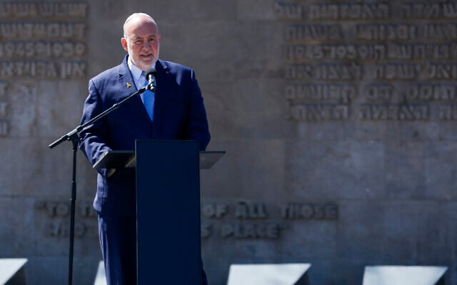 Israeli Ambassador to Germany Ron Prosor delivers a speech during a commemoration ceremony at the Bergen-Belsen Memorial in Lohheide, northern Germany on April 27, 2025, on the occasion of the 80th anniversary of the liberation of the Bergen-Belsen concentration camp. (Focke Strangmann/AFP)