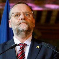 State Secretary to the Minister for European and International Affairs of the Republic of Austria Sepp Schellhorn addresses a speech as he attends the 14th edition of the Art History festival in Fontainebleau near Paris, on June 6, 2025. (Ludovic MARIN / AFP)