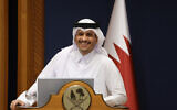 Qatar's Prime Minister Mohammed bin Abdulrahman Al-Thani speaks during a press conference with Lebanese Prime Minister Nawaf Salam (not pictured) in Doha on June 24, 2025. (Karim JAAFAR / AFP)
