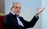 A handout picture provided by the Iranian president's office on August 30, 2025, shows President Masoud Pezeshkian speaking during a televised interview in Tehran. (Iranian Presidency/AFP)