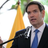 US Secretary of State Marco Rubio gestures as he speaks during a joint press conference with Ecuador's Foreign Minister Gabriela Sommerfeld (out of frame) at Carondelet Presidential Palace in Quito on September 4, 2025. (PRodrigo Buenida/AFP)