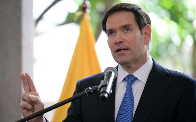 US Secretary of State Marco Rubio gestures as he speaks during a joint press conference with Ecuador's Foreign Minister Gabriela Sommerfeld (out of frame) at Carondelet Presidential Palace in Quito on September 4, 2025. (PRodrigo Buenida/AFP)