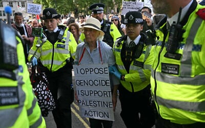 An elderly protester is taken away by police officers at a 'Lift The Ban' demonstration in support of the proscribed anti-Israel group Palestine Action, in Parliament Square, central London, September 6, 2025. (Justin Tallis/AFP)