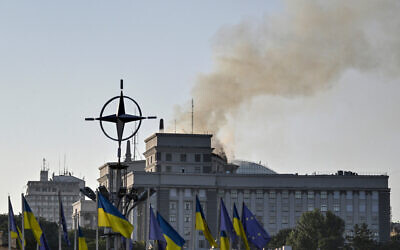 Smoke rises over the government headquarters in Kyiv, following Russian drone and missile strikes on September 7, 2025, amid the Russian invasion of Ukraine. (Genya SAVILOV / AFP)