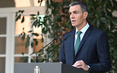 This handout photo taken on September 8, 2025 and provided by the Moncloa Palace shows Spanish Prime Minister Pedro Sanchez announcing several measures including an arms embargo on Israel and a ban on ships carrying fuel for Israeli military personnel from docking in Spanish ports, to 'stop the genocide in Gaza.' (Borja Puig de la Bellacasa / LA MONCLOA / AFP)
