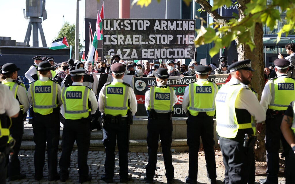 Hundreds of anti-Israel demonstrators rally outside London arms show