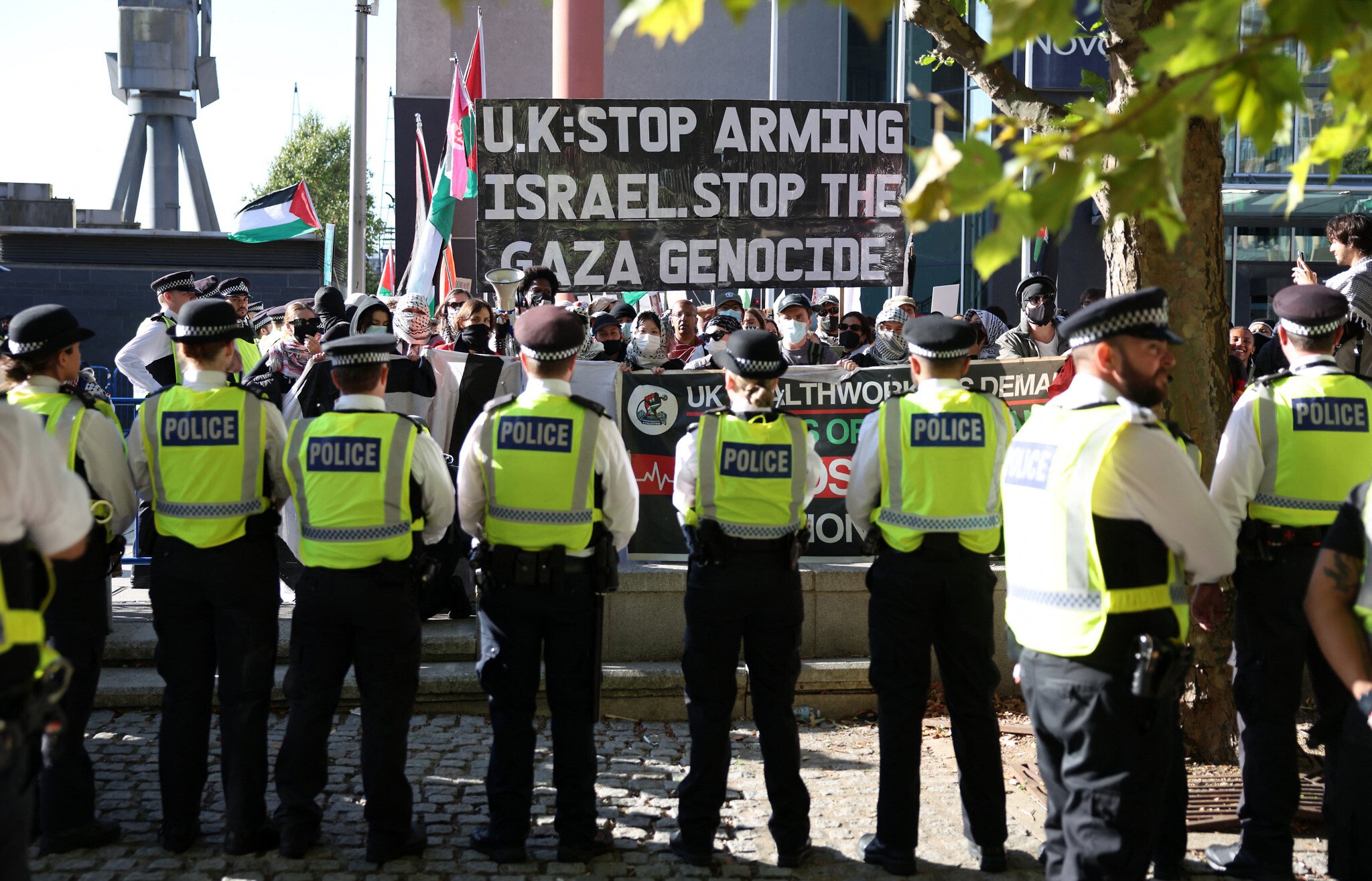 NextImg:Hundreds of anti-Israel demonstrators rally outside London arms show