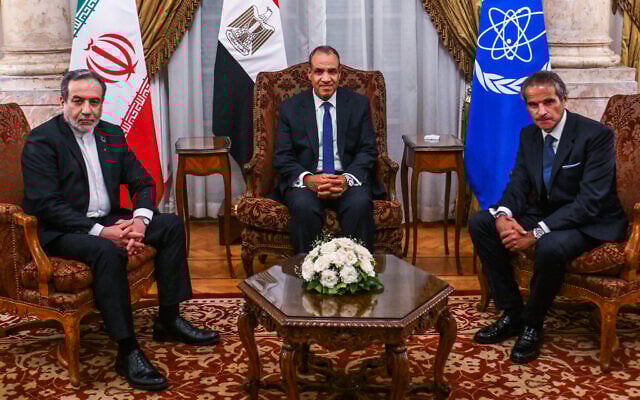 Egypt's Foreign Minister Badr Abdelatty (C) meets with his Iranian counterpart Abbas Araqchi (L) and Director General of the International Atomic Energy Agency (IAEA) Rafael Grossi in Cairo on September 9, 2025. This is the first meeting between Tehran and the IAEA since Iran suspended cooperation following a 12-day war in June during which Israel and the United States struck Iranian nuclear facilities, after which Tehran has said future cooperation with the agency will take 