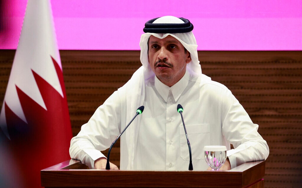 Qatar's Prime Minister and Foreign Minister Mohammed bin Abdulrahman al-Thani addresses a press conference following Israeli strikes in Doha on September 9, 2025. (Photo by Karim JAAFAR / AFP)