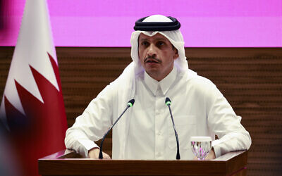 Qatar's Prime Minister and Foreign Minister Mohammed bin Abdulrahman al-Thani addresses a press conference following Israeli strikes in Doha on September 9, 2025. (Karim JAAFAR / AFP)