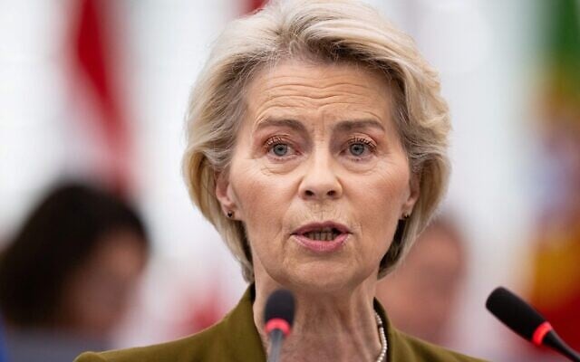 EU Commission President Ursula von der Leyen gives her annual State of the Union address during a plenary session at the European Parliament in Strasbourg, eastern France, on September 10, 2025. (SEBASTIEN BOZON / AFP)