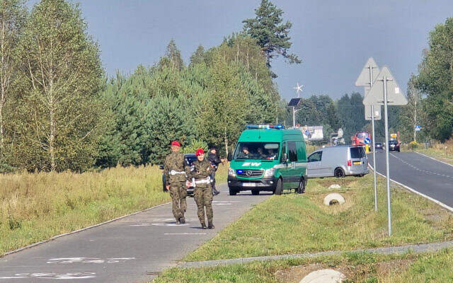 Firefighters secure the area where it is believed that parts of a drone fell, probably after it was shot down, in Czosnowka near Biala Podlaska, Poland, on September 10, 2025. (Piotr Pyrkosz/various sources/AFP) Firefighters secure the area where it is believed that parts of a drone fell, probably after it was shot down, in Czosnowka near Biala Podlaska, Poland, on September 10, 2025. (Piotr Pyrkosz/various sources/AFP)