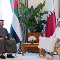 This handout picture released by Qatar's Amiri Diwan shows Qatar's Emir Sheikh Tamim bin Hamad al-Thani (right) meeting with UAE President Sheikh Mohamed bin Zayed al-Nahyan in Doha on September 10, 2025. (Qatar Amiri Diwan / AFP)
