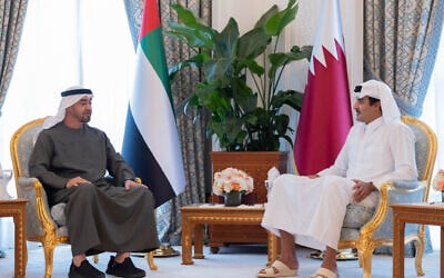 This handout picture released by Qatar's Amiri Diwan shows Qatar's Emir Sheikh Tamim bin Hamad al-Thani (right) meeting with UAE President Sheikh Mohamed bin Zayed al-Nahyan in Doha on September 10, 2025. (Qatar Amiri Diwan / AFP)