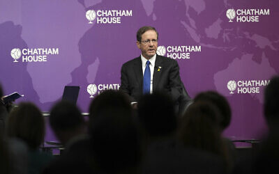 President Isaac Herzog speaks at an event at Chatham House in London on September 10, 2025. (Alastair Grant / POOL / AFP) President Isaac Herzog speaks at an event at Chatham House in London on September 10, 2025. (Alastair Grant / POOL / AFP)