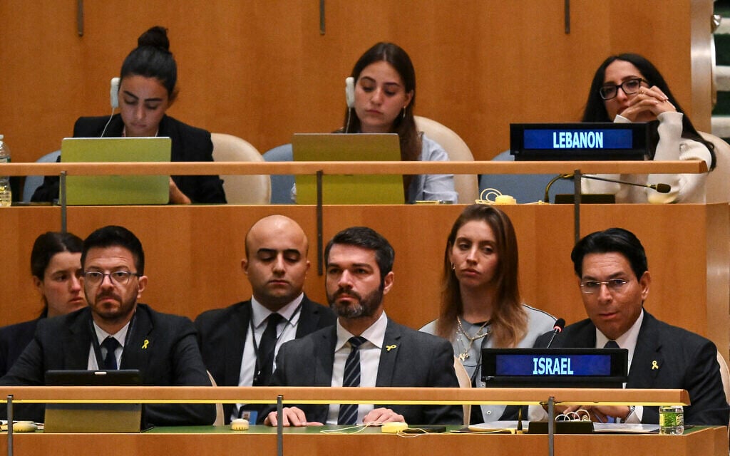 Israel's Ambassador to the UN Danny Danon (bottom-R) speaks during a General Assembly meeting to vote on the two-state solution to the Palestinian question at United Nations headquarters (UN) on September 12, 2025, in New York City. (ANGELA WEISS / AFP) Israel's Ambassador to the UN Danny Danon (bottom-R) speaks during a General Assembly meeting to vote on the two-state solution to the Palestinian question at United Nations headquarters (UN) on September 12, 2025, in New York City. (ANGELA WEISS / AFP)
