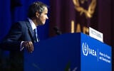 Rafael Grossi, Director General of the International Atomic Energy Agency (IAEA) addresses delegates during the 69th regular plenary session of the IAEA at its headquarters in Vienna, Austria on September 15, 2025. (Joe Klamar/AFP)