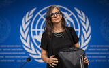 United Nations Special Rapporteur  Francesca Albanese looks on at the end of a press conference on the human rights situation in Gaza in Geneva, Switzerland, on September 15, 2025. (Fabrice Coffrini/AFP)