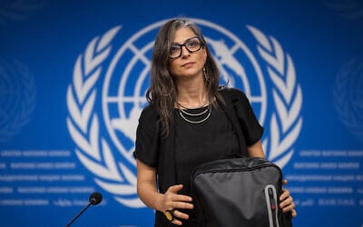United Nations Special Rapporteur  Francesca Albanese looks on at the end of a press conference on the human rights situation in Gaza in Geneva, Switzerland, on September 15, 2025. (Fabrice Coffrini/AFP)