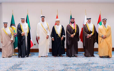 This handout picture released by the official Saudi Press Agency (SPA) shows, (L-R) Gulf Cooperation Council (GCC) Secretary-General Jassim al-Budaiwi, Kuwait's Crown Prince Sheikh Sabah Khaled al-Hamad al-Sabah, Qatar's Emir Tamim bin Hamad Al-Thani, Oman's Deputy Prime Minister for Defense Affairs Shihab bin Tarik Al Said, Saudi Arabia's Crown Prince Mohammed bin Salman, Bahrain's King's Personal Representative Abdulla bin Hamad Al Khalifa, and the UAE's Vice President and Deputy Prime Minister Sheikh Mansour bin Zayed al-Nahyan, posing for a group picture during the 2025 Arab-Islamic emergency summit in Doha on September 15, 2025. (Saudi Press Agency / AFP)