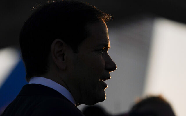 US Secretary of State Marco Rubio speaks to the press as he departs Tel Aviv for Qatar following an official visit, at Ben Gurion International Airport on September 16, 2025. (Nathan Howard / POOL / AFP)