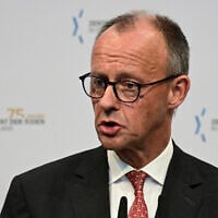 German Chancellor Friedrich Merz addresses guests during a Central Council of Jews in Germany (Zentralrat der Juden in Deutschland) Rosh Hashana reception, on the occasion of its 75th anniversary, on September 17, 2025, at the Jewish Museum in Berlin. (John MACDOUGALL / AFP)