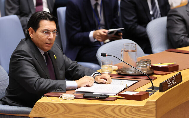 Ambassador Danny Danon speaks during a United Nations Security Council meeting on the situation in the Middle East at the United Nations headquarters on September 18, 2025 in New York City. (Santiago/Getty Images/AFP)