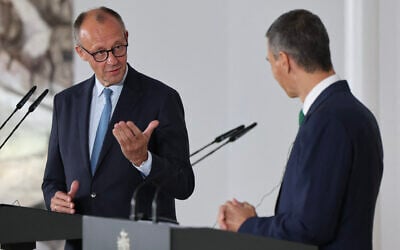 German Chancellor Friedrich Merz (L) attends a joint press conference with Spain's Prime Minister Pedro Sanchez at the Moncloa Palace in Madrid on September 18, 2025. (Thomas Coex/AFP)