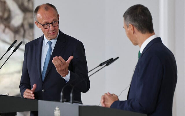 German Chancellor Friedrich Merz (L) attends a joint press conference with Spain's Prime Minister Pedro Sanchez at the Moncloa Palace in Madrid on September 18, 2025. (Thomas Coex/AFP) German Chancellor Friedrich Merz (L) attends a joint press conference with Spain's Prime Minister Pedro Sanchez at the Moncloa Palace in Madrid on September 18, 2025. (Thomas Coex/AFP)