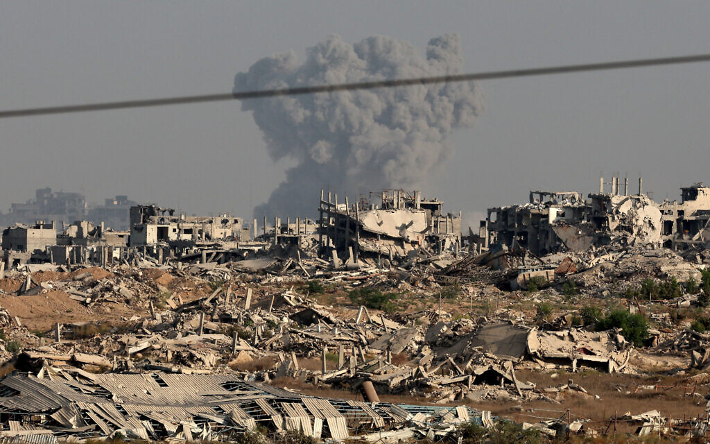 This picture taken from a position at Israel's border with the Gaza Strip shows smoke billowing during Israeli strikes on September 19, 2025, amid the ongoing war between Israel and the Palestinian terror group Hamas. (Jack GUEZ / AFP)
