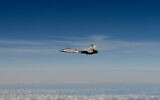 This September 19, 2025 Hand Out image released by the Swedish Airforce shows a Russian MIG-31 fighter jet flying above the Baltic sea after violating Estonian air space. . (Photo by Forsvarsmakten / HANDOUT / AFP)