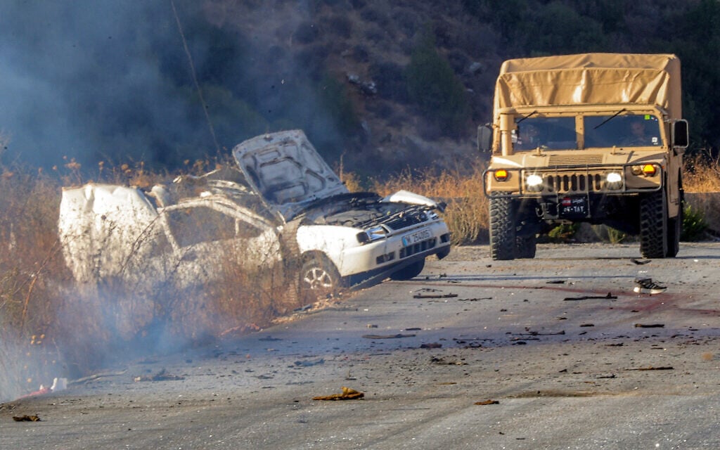 A Lebanese army humvee vehicle is pictured at the site of an Israeli strike on a vehicle on the Khardali road in southern Lebanon's Marjayoun area on September 20, 2025. (Rabih Daher/AFP)
