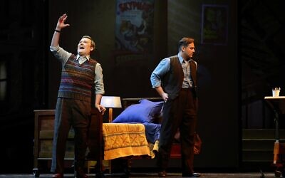 Finnish-US tenor Miles Mykkanen as Sam Clay and Polish baritone Andrzej Filonczyk as Joe Kavalier, perform during the final dress rehearsal of Mason Bates' "The Amazing Adventures of Kavalier & Clay" at the Metropolitan Opera in New York, September 18, 2025. (Timothy A. Clary/AFP)