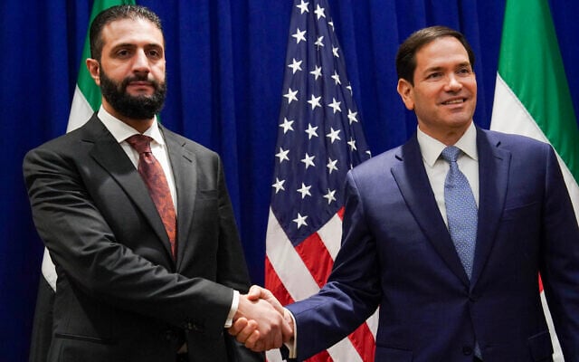 US Secretary of State Marco Rubio (R) meets with Syrian President Ahmed al-Sharaa at the Lotte New York Palace Hotel on the sidelines of the United Nations General Assembly meeting in New York, September 22, 2025. (Bing Guan / POOL / AFP)
