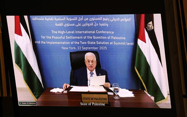 Palestinian Authority President Mahmud Abbas is displayed on a screen as he speaks remotely during a United Nations Summit on Palestinians at UN headquarters during the United Nations General Assembly (UNGA) in New York on September 22, 2025. (Ludovic MARIN / AFP) Palestinian Authority President Mahmud Abbas is displayed on a screen as he speaks remotely during a United Nations Summit on Palestinians at UN headquarters during the United Nations General Assembly (UNGA) in New York on September 22, 2025. (Ludovic MARIN / AFP)