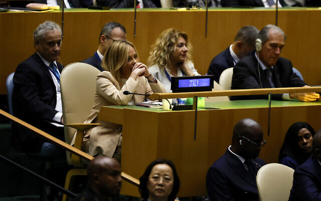 Italy's Prime Minister of Italy Giorgia Meloni (C-L) listens as US President Donald Trump speaks during the 80th session of the UN General Assembly, in New York City, September 23, 2025. (Chip Somodevilla/Getty Images/AFP) Italy's Prime Minister of Italy Giorgia Meloni (C-L) listens as US President Donald Trump speaks during the 80th session of the UN General Assembly, in New York City, September 23, 2025. (Chip Somodevilla/Getty Images/AFP)