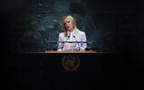 Italian Prime Minister Giorgia Meloni speaks during the General Debate of the United Nations General Assembly, in New York City, on September 24, 2025. (Leonardo MUNOZ / AFP)